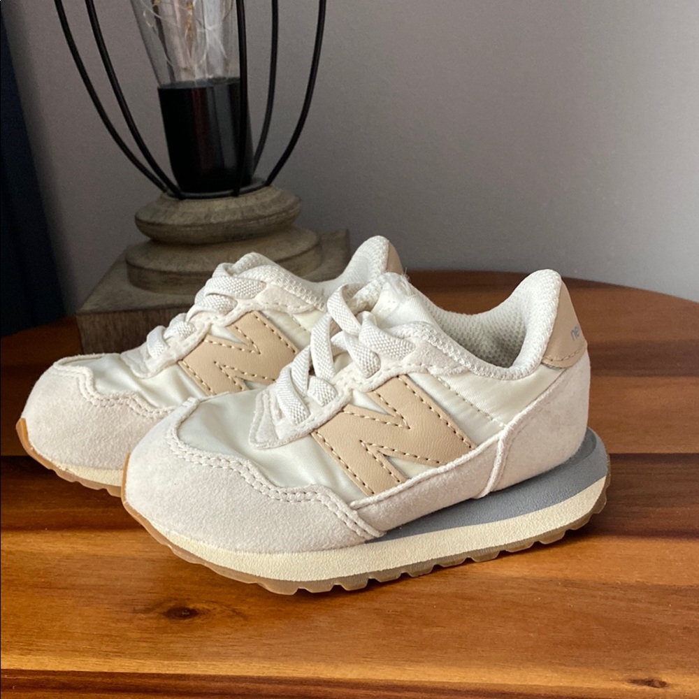 New Balance Kids White and Tan Sneakers